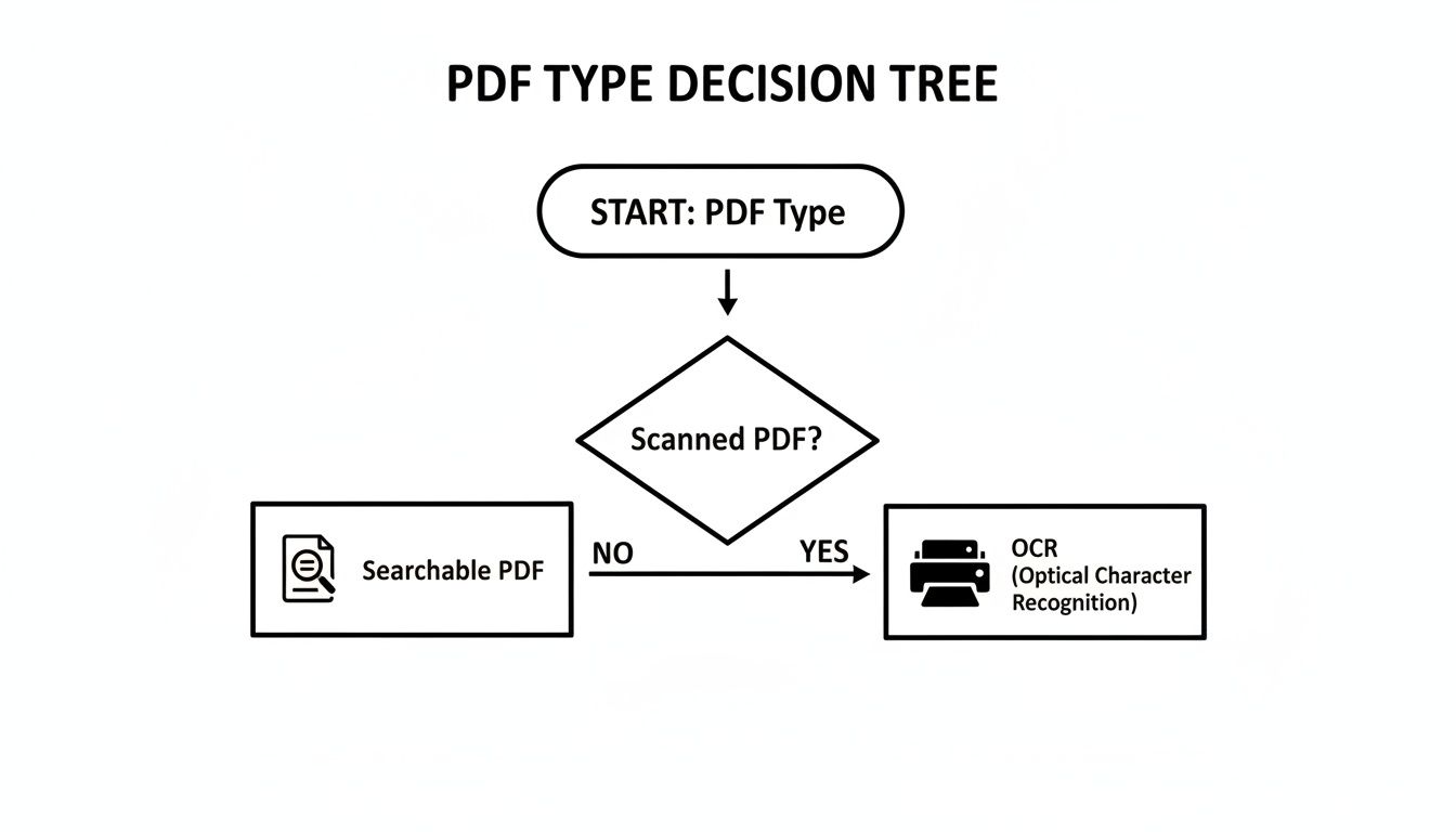 A decision tree flowchart illustrating how to classify PDF types and determine OCR necessity.