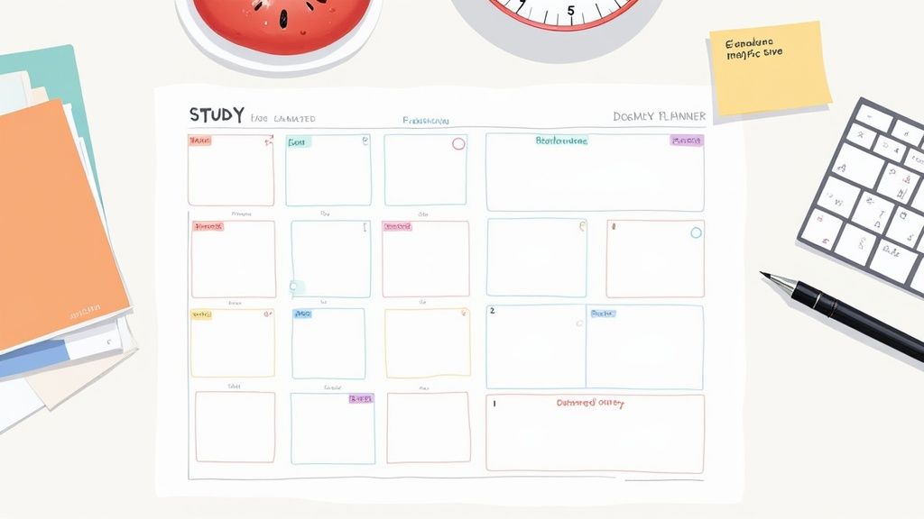 A bright flat lay of a study planner, notebooks, keyboard, pen, sticky note, and a watermelon slice.