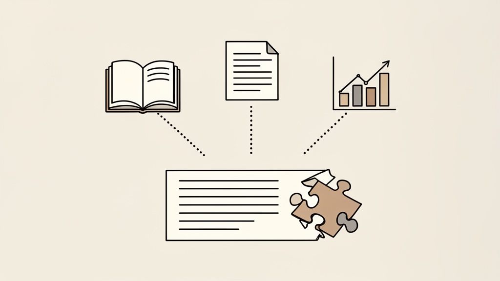 Various sources like a book, document, and chart combine to form a complete document with a puzzle piece.