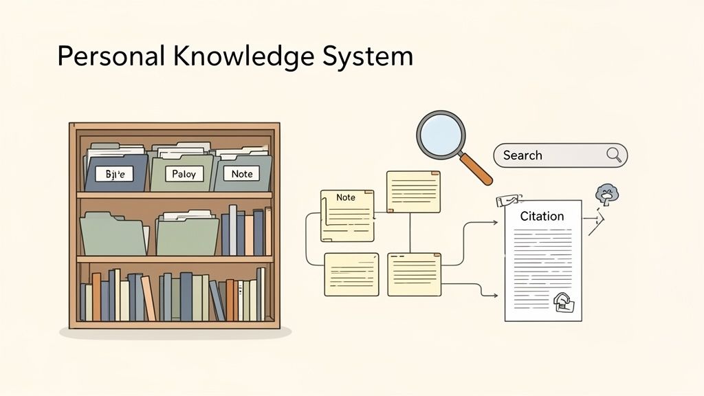An illustration of a personal knowledge system with a bookshelf, notes, search bar, and citation document.