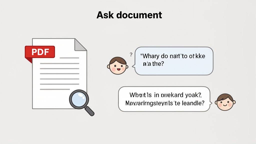Illustration of an AI asking questions to a PDF document for summarization.