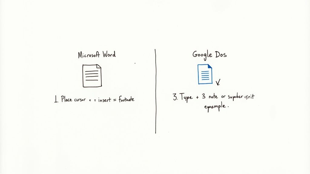 A handwritten diagram comparing how to add footnotes in Microsoft Word and Google Docs.