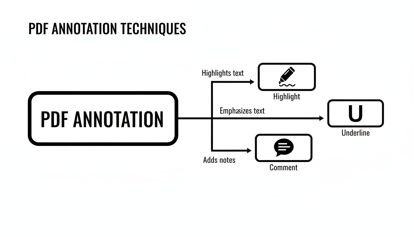 Flowchart illustrating PDF annotation techniques: highlight text, underline text, and add comments for notes.