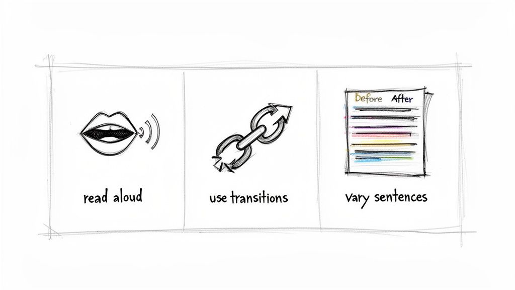 Three illustrated panels with tips for text fluency: read aloud, use transitions, and vary sentences.