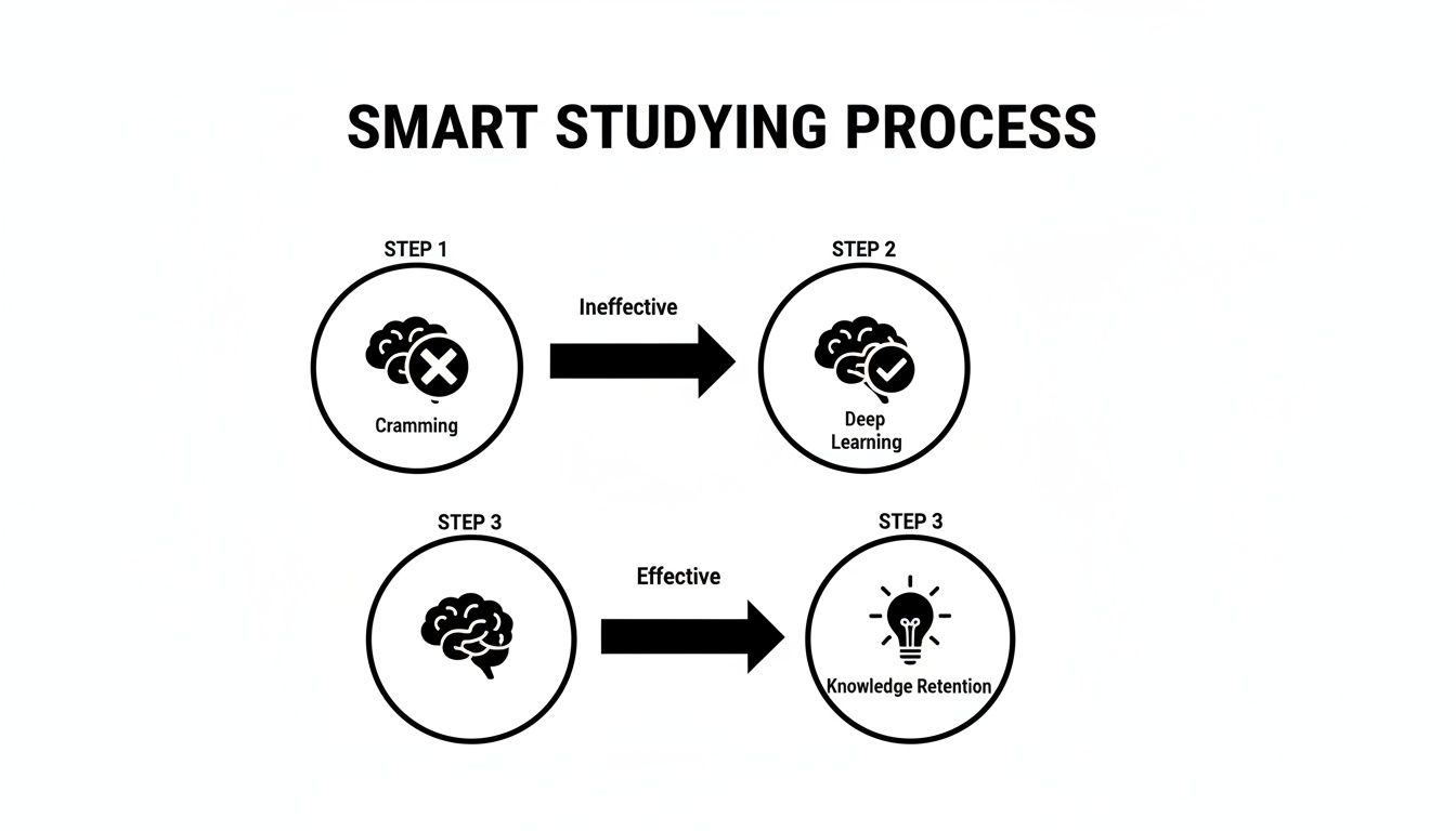 A flowchart illustrating the Smart Studying Process, contrasting ineffective cramming with effective deep learning and knowledge retention.