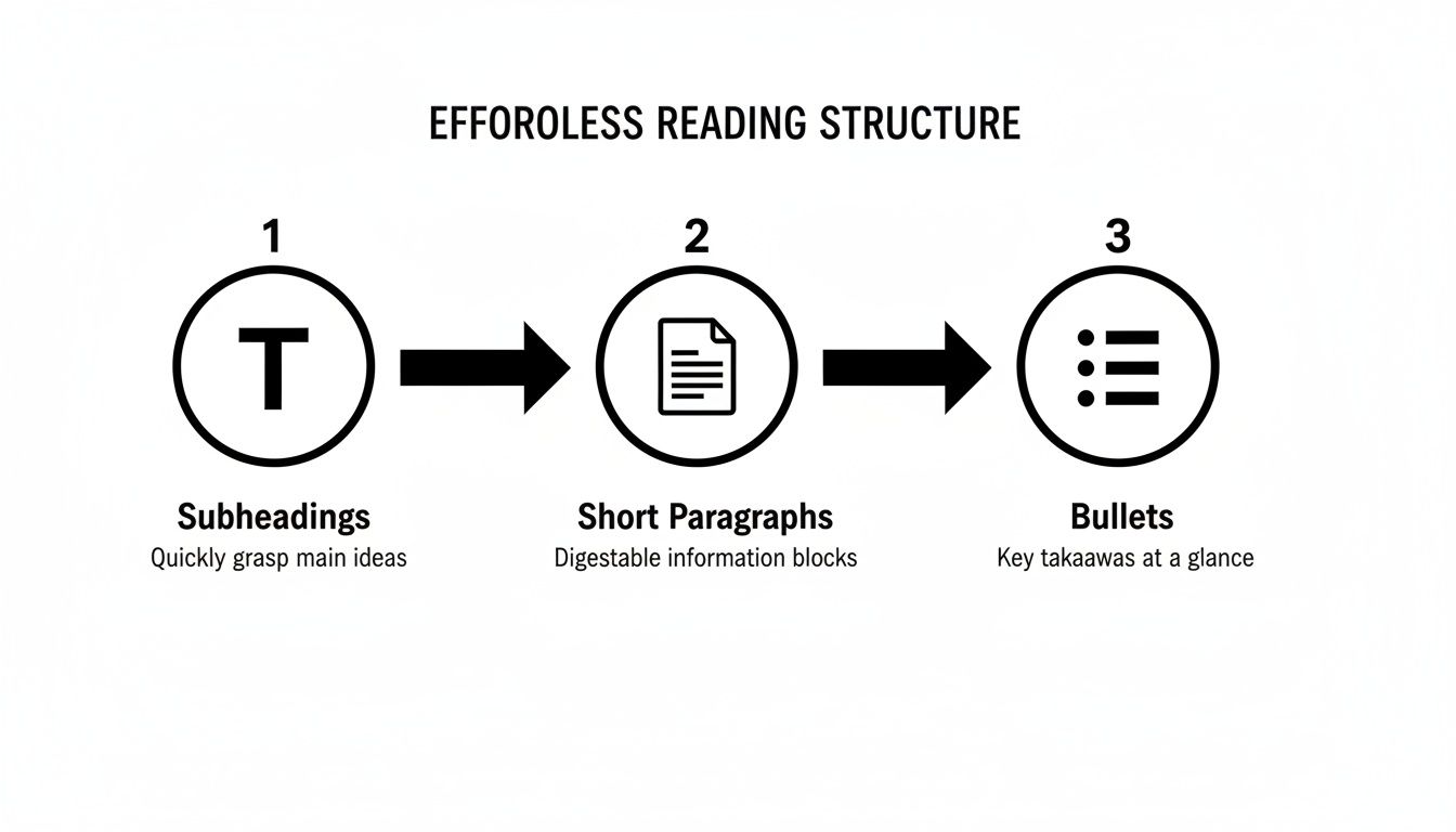 Diagram illustrating an effortless reading structure: subheadings, short paragraphs, and bullets for easy comprehension.