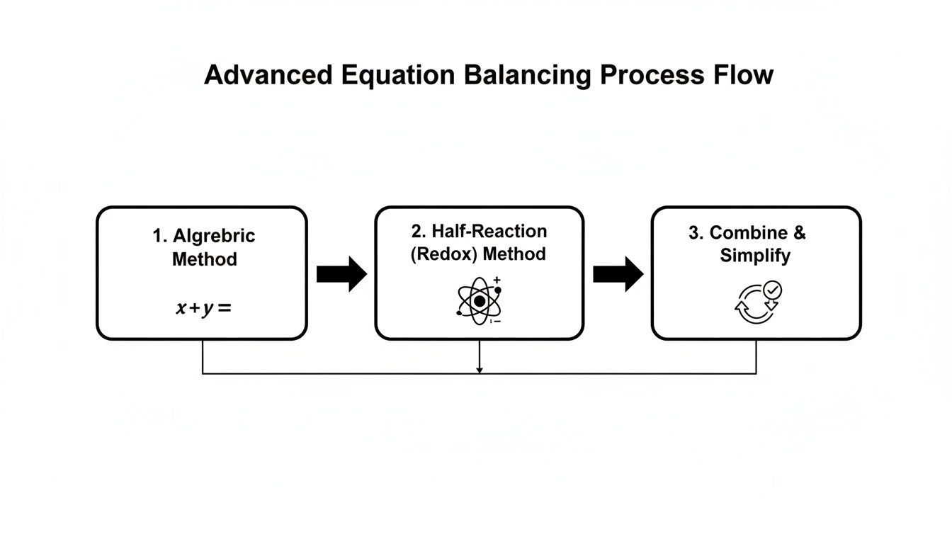 Flow chart detailing the advanced equation balancing process, including algebraic, half-reaction redox, and simplification methods.