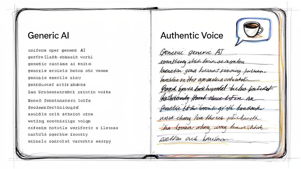 Open notebook showing two pages: 'Generic AI' with uniform text and 'Authentic Voice' with messy handwriting.