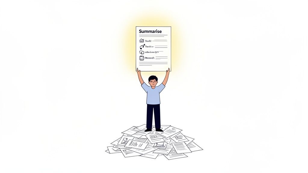 Cartoon of person standing on a large pile of documents, holding up a glowing 'Summarise' list.