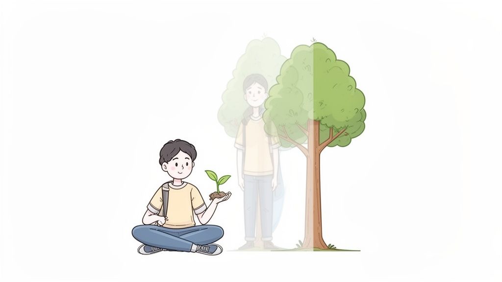 A young student nurtures a plant, imagining future growth into an adult and a mature tree.