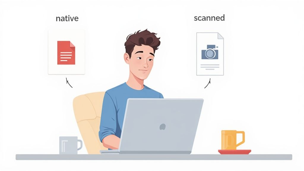 Cartoon man on a laptop compares native and scanned document icons for text extraction.