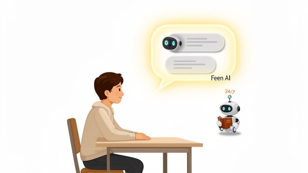 Illustration of a student interacting with Feen AI chat and a 24/7 robot tutor for studying.