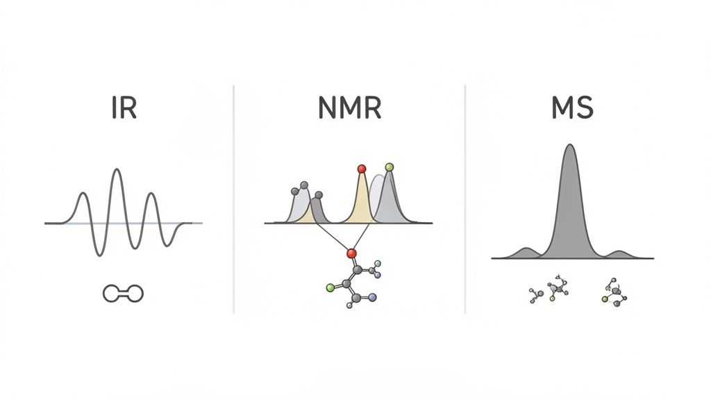 Diagram illustrating IR, NMR, and MS spectroscopy techniques for molecular analysis.