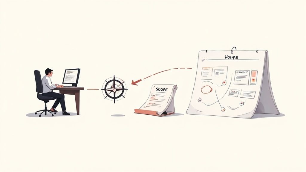An illustration showing a person working on a computer, a compass, a scope document, and a project planner.