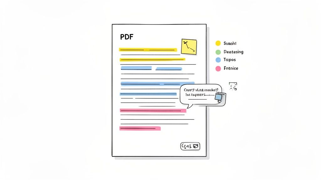 A stylized illustration of a PDF document with colorful highlighted sections, a sticky note, and a color legend.