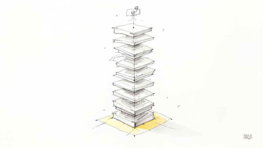 An illustration of a tall, unstable stack of books with a small figure on top reaching a flag.