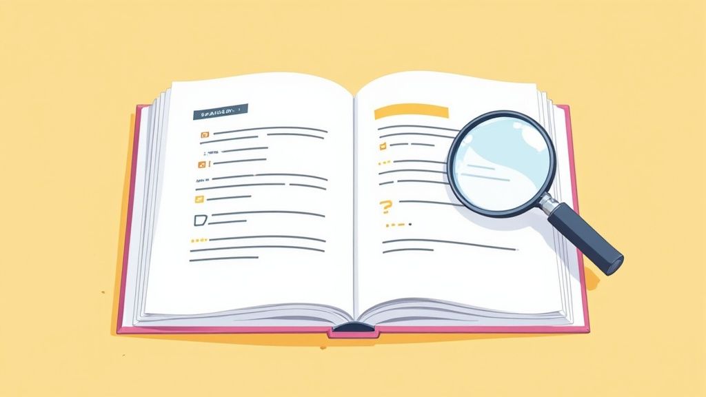 An open book with visible text and icons, a magnifying glass resting on the right page.