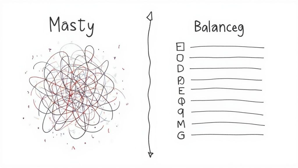 Comparison illustration showing messy chaotic scribbles versus balanced organized checklist with letters