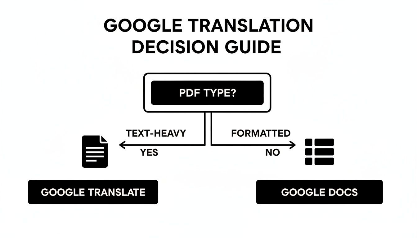 A Google Translation decision guide flowchart for PDFs: text-heavy PDFs use Google Translate, formatted PDFs use Google Docs.