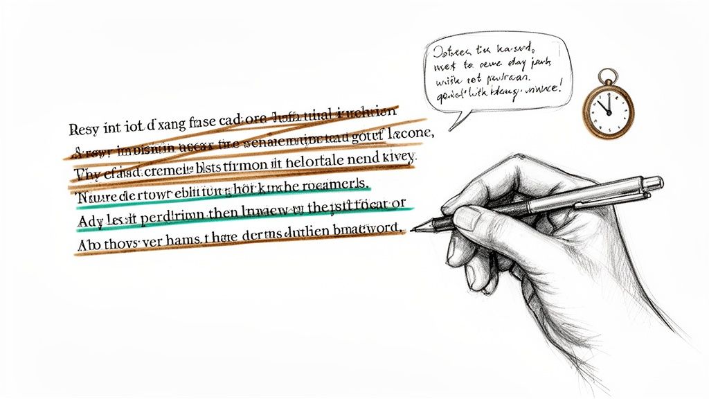 Hand with pen editing a document with highlighted corrections, a speech bubble, and a clock.