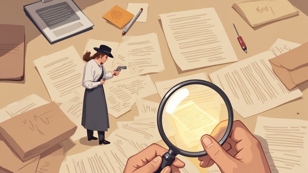 Detective examining documents with magnifying glass illustrating document analysis and investigation process