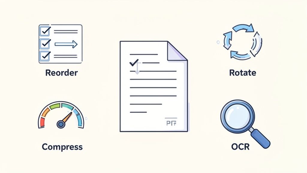 Illustrations of PDF document editing tools, including reorder, rotate, compress, and OCR functionalities.