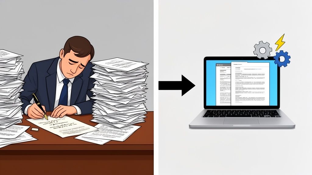 A tired man doing manual paperwork, transitioning to digital document management and automation on a laptop.