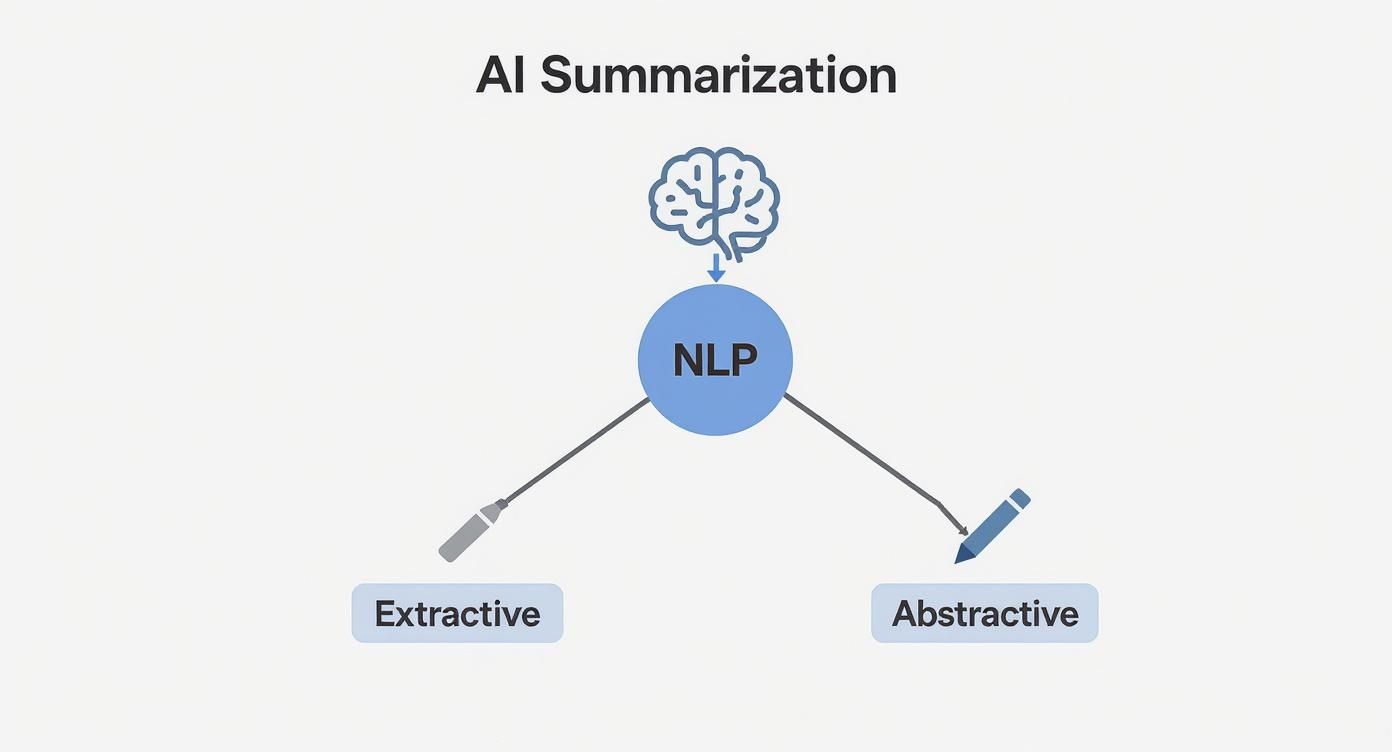 Diagram showing AI summarization with NLP branching into extractive and abstractive methods with brain icon
