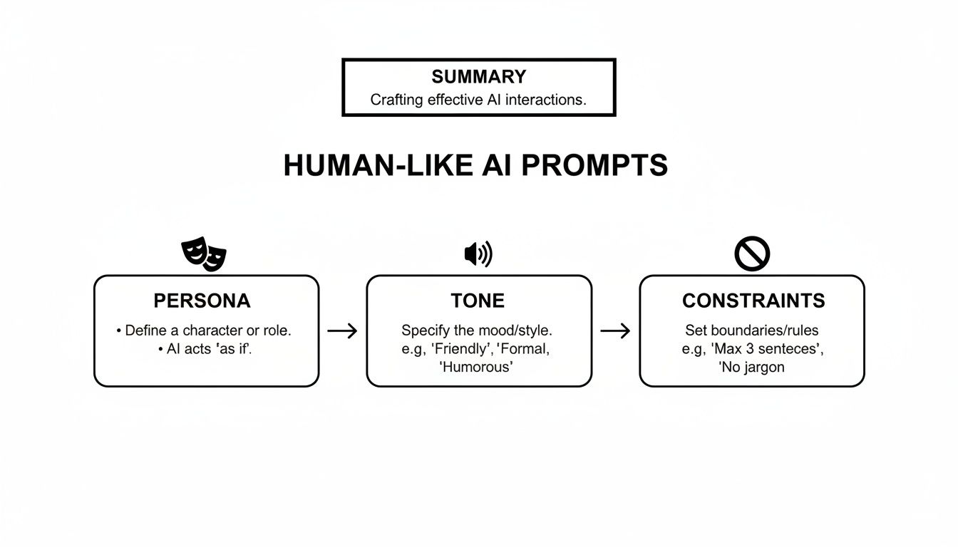 Diagram illustrating human-like AI prompt creation with persona, tone, and constraints for effective interactions.