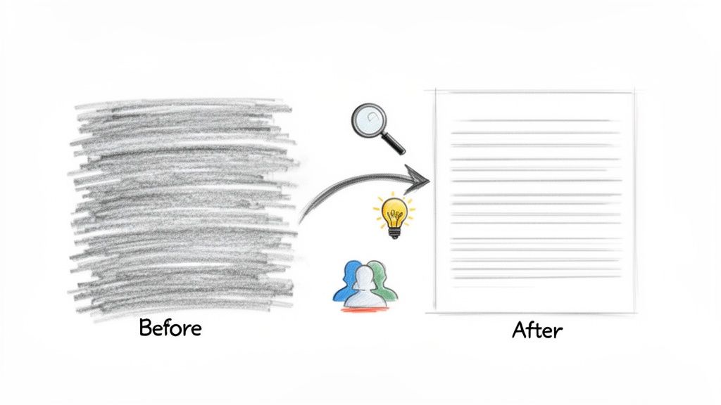 Before-and-after diagram showing messy text becoming clear, organized content through research, ideas, and collaboration.