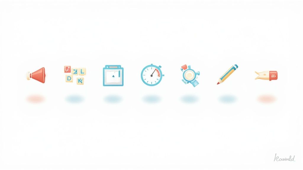 A row of colorful learning and productivity icons, including a megaphone, letter blocks, calendar, stopwatch, magnifying glass, pencil, and a bookmark.