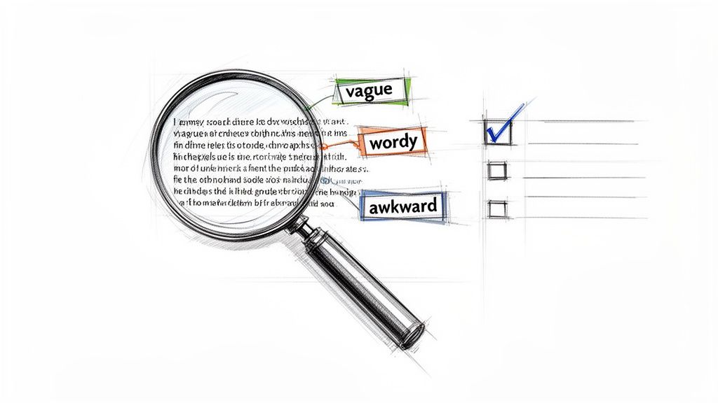 Magnifying glass over text, highlighting 'vague,' 'wordy,' 'awkward' with a checklist, indicating editing process.