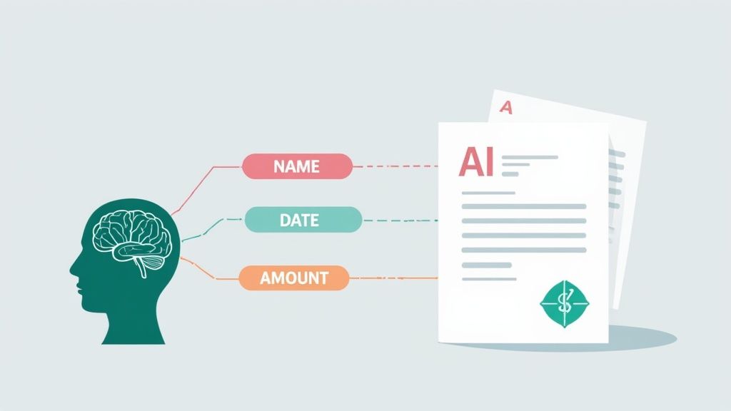 An illustration showing a human brain extracting name, date, and amount from AI documents.