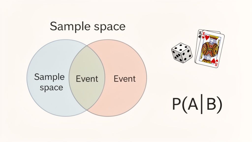 A Venn diagram illustrating sample space and events, with a dice, playing cards, and conditional probability formula.