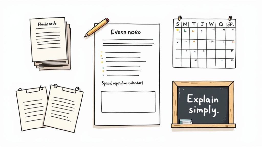 A collection of cartoon illustrations showing study tools like flashcards, a calendar, and notes.