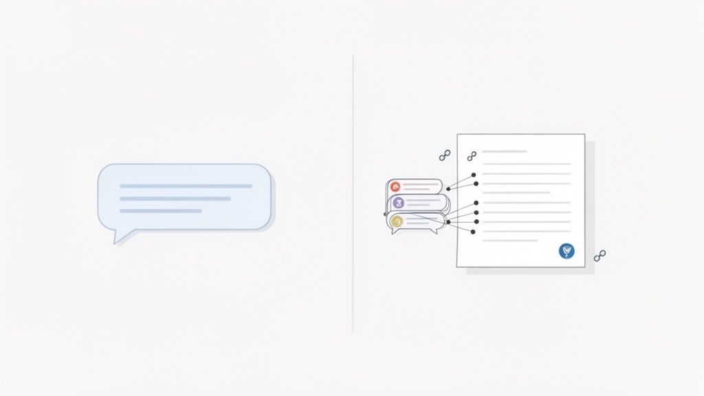 Illustration comparing a single text bubble to a document with multiple linked, color-coded comment bubbles.