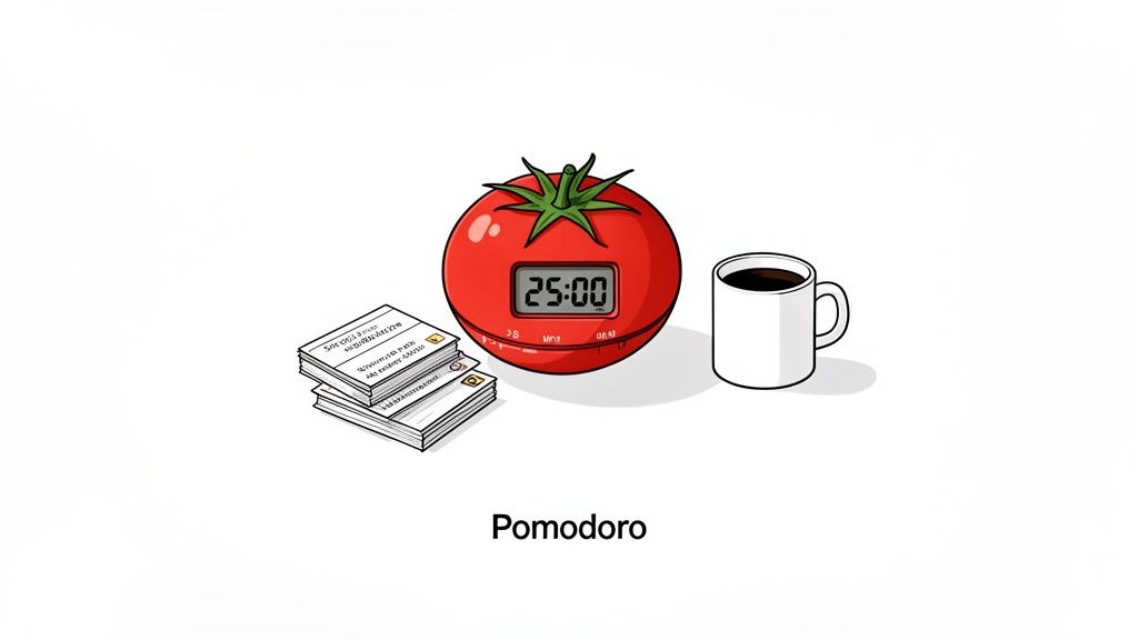 A red tomato timer, stack of papers, and coffee mug illustrating the Pomodoro Technique.
