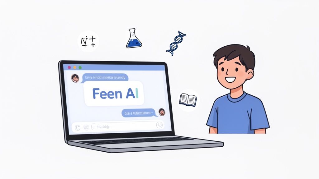 A smiling boy interacts with a laptop displaying 'Feen AI' amidst educational symbols.