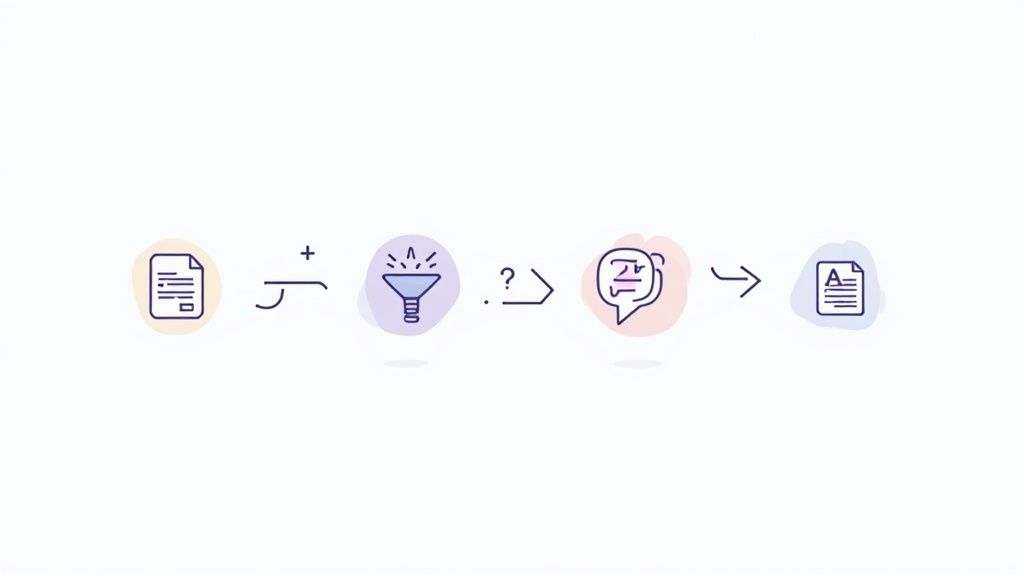 Visual workflow showing document processing steps from paper through filtering, analysis, discussion to final summarized document output