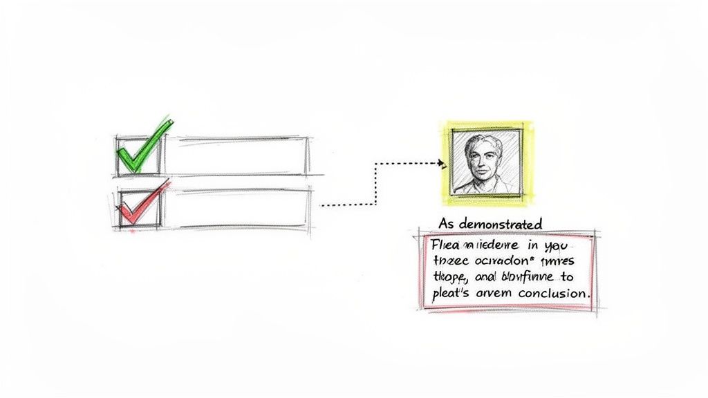 A sketched diagram shows checkboxes, a person's headshot, and text, illustrating a demonstrated conclusion.