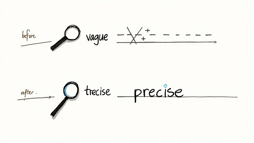 Illustration showing the transformation from 'vague' concepts with scattered data to 'precise' ideas with clear focus.