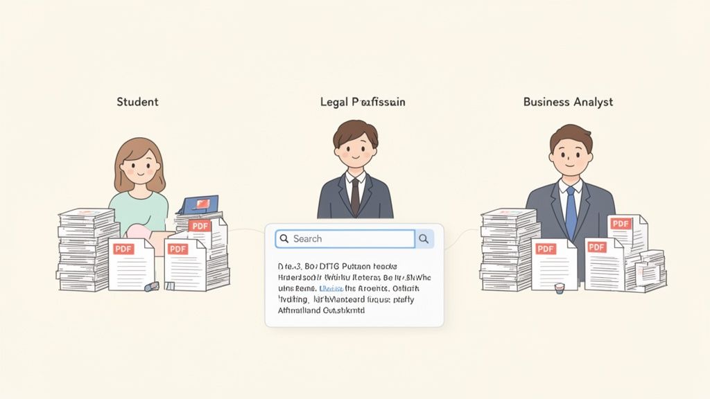 Illustration of a student, legal, and business professional with many PDF documents and a central search bar.