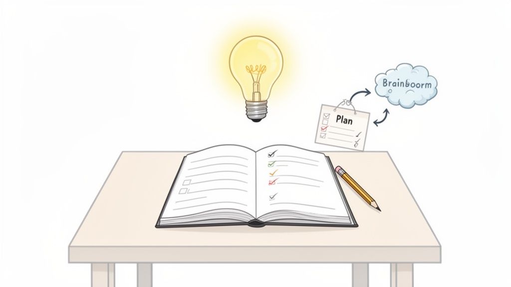 Illustration of brainstorming, planning with a checklist in a notebook, sparked by a glowing lightbulb on a table.