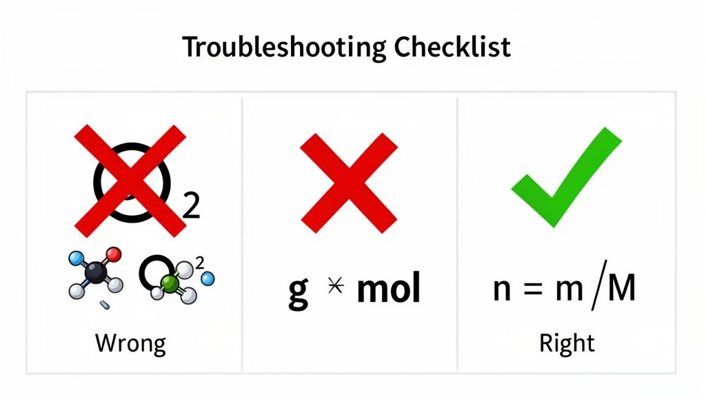 A troubleshooting checklist in chemistry, showing correct and incorrect concepts and formulas, including n=m/M.