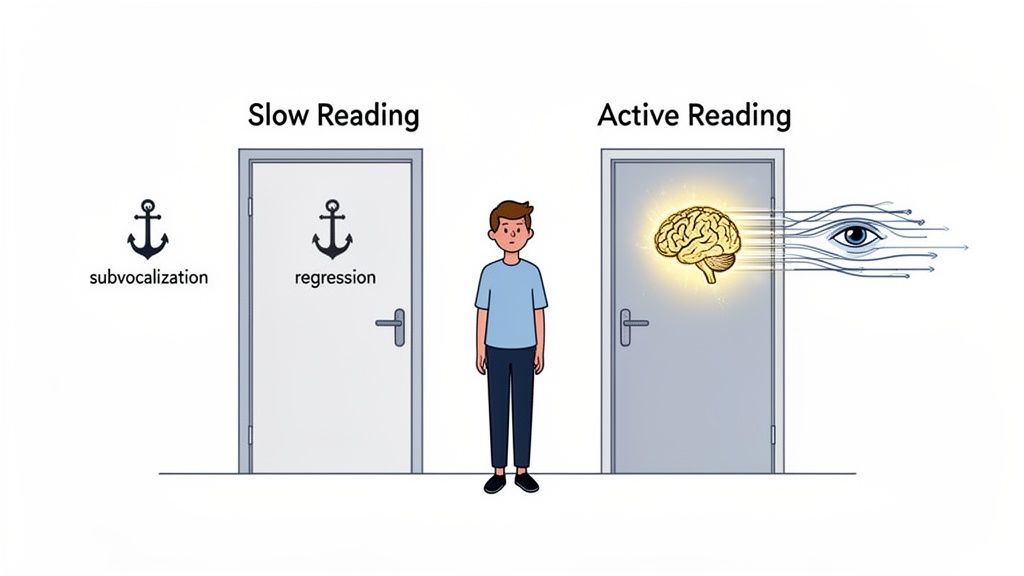 Illustration contrasting slow reading (subvocalization, regression) with active reading (engaged brain and focused eye).