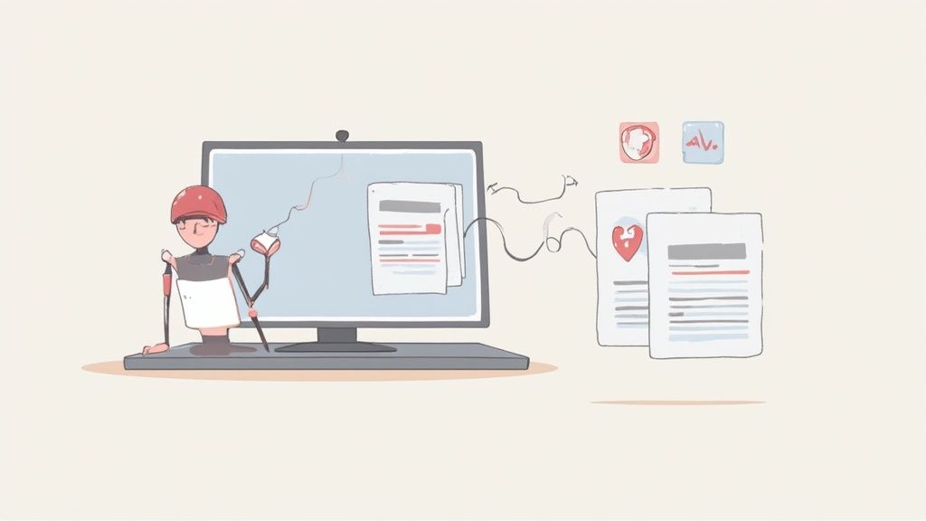 Healthcare professional organizing medical documents and data from computer to digital health records