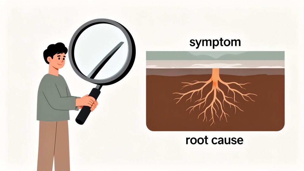 An illustration of a person with a magnifying glass investigating a plant's roots, labeled 'root cause' and 'symptom'.