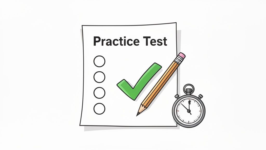 A 'Practice Test' paper with a green checkmark, pencil, and stopwatch, symbolizing exam preparation.