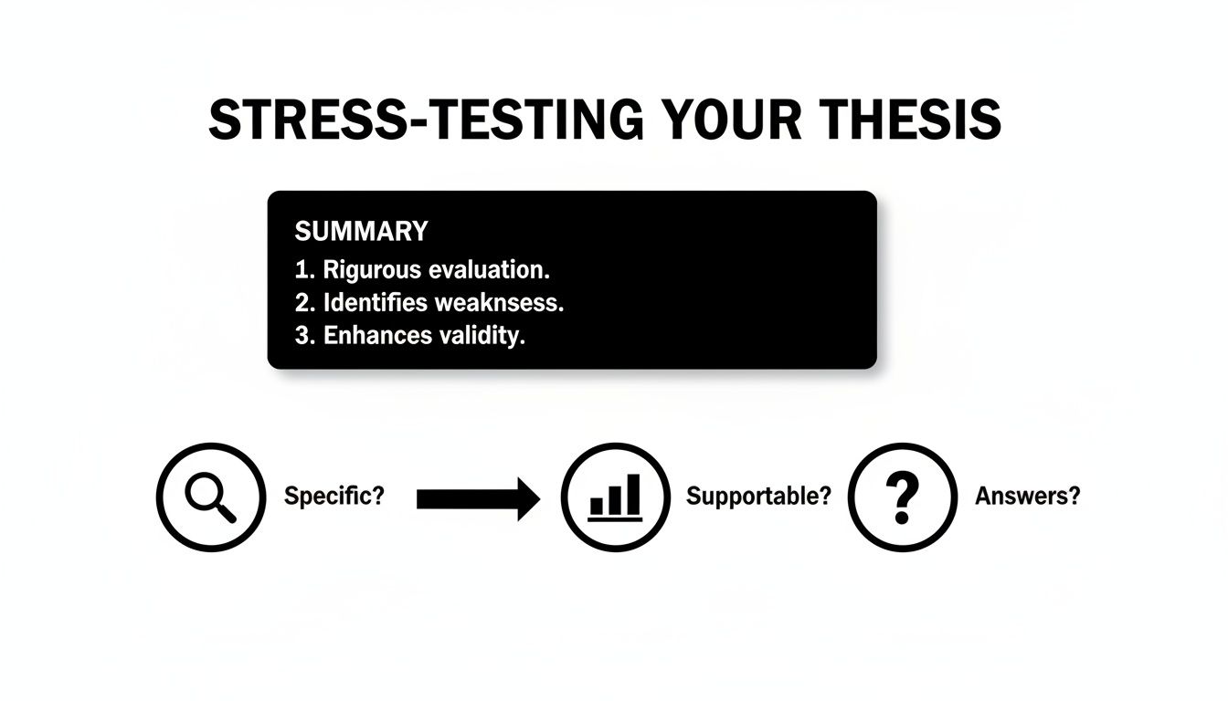 An infographic detailing how to stress-test a thesis for rigorous evaluation, identifying weaknesses, and enhancing validity.