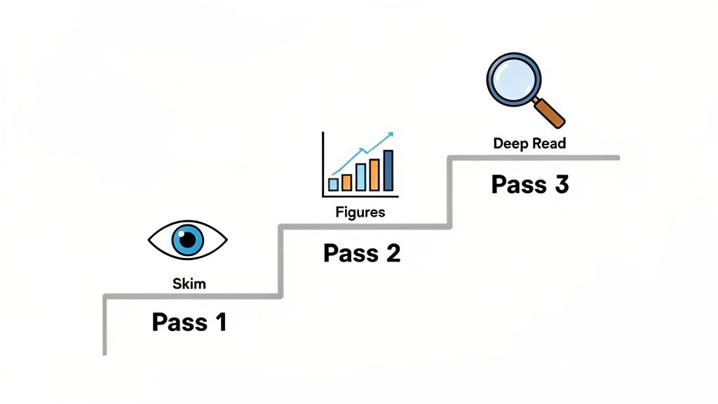 A visual guide illustrating a three-pass method for reading, including skim, figures, and deep read steps.
